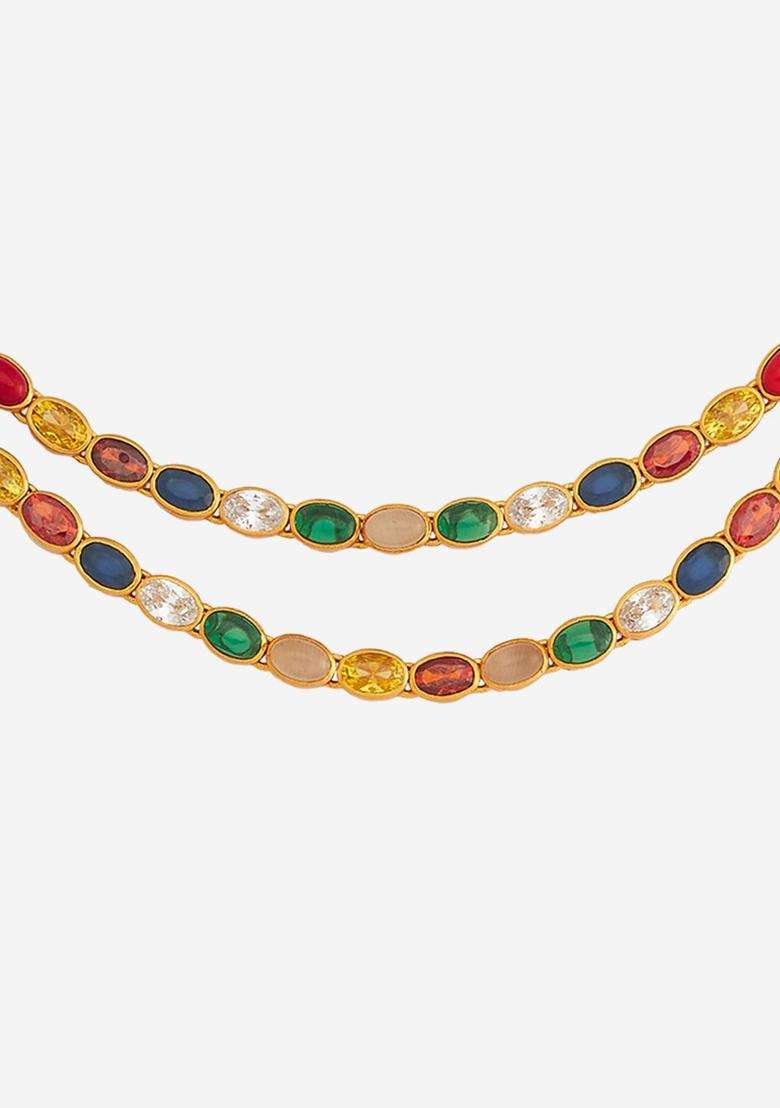 Gold-Plated Embellished Bridal 92.5 Silver Navaratna Stone Necklace for Women | Traditional Temple Jewellery for Wedding & Festive Wear | Gift for Her - Indya
