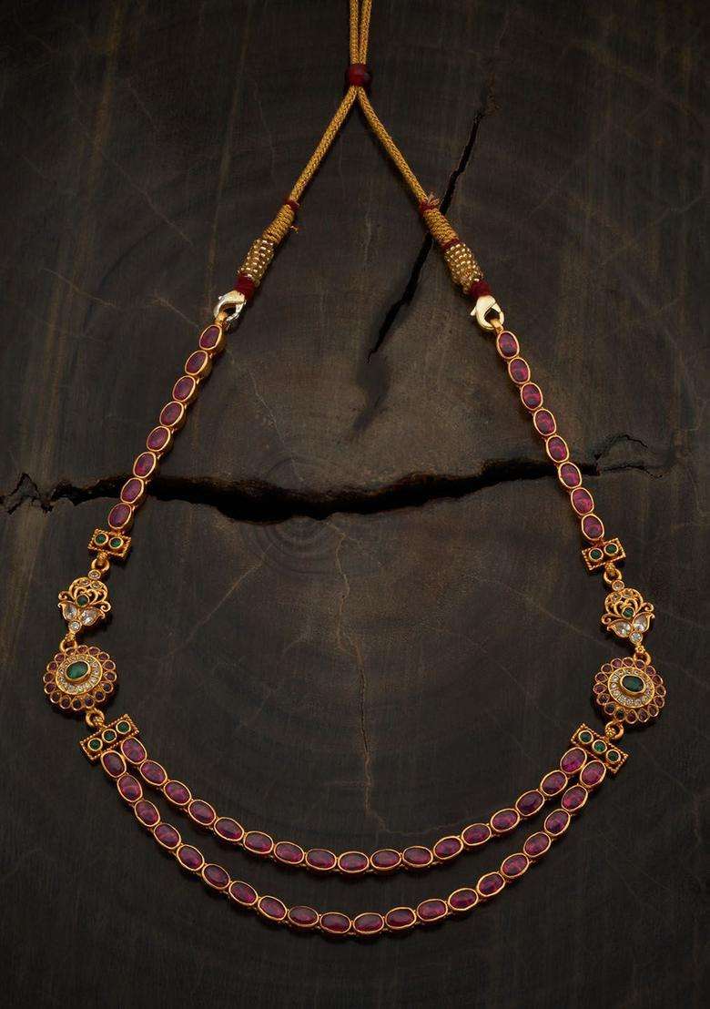 92.5 Pure Silver Gold-Plated Stone Studded Temple Necklace for Women | Traditional Temple Jewellery for Wedding & Festive Wear | Gift for Her - Indya