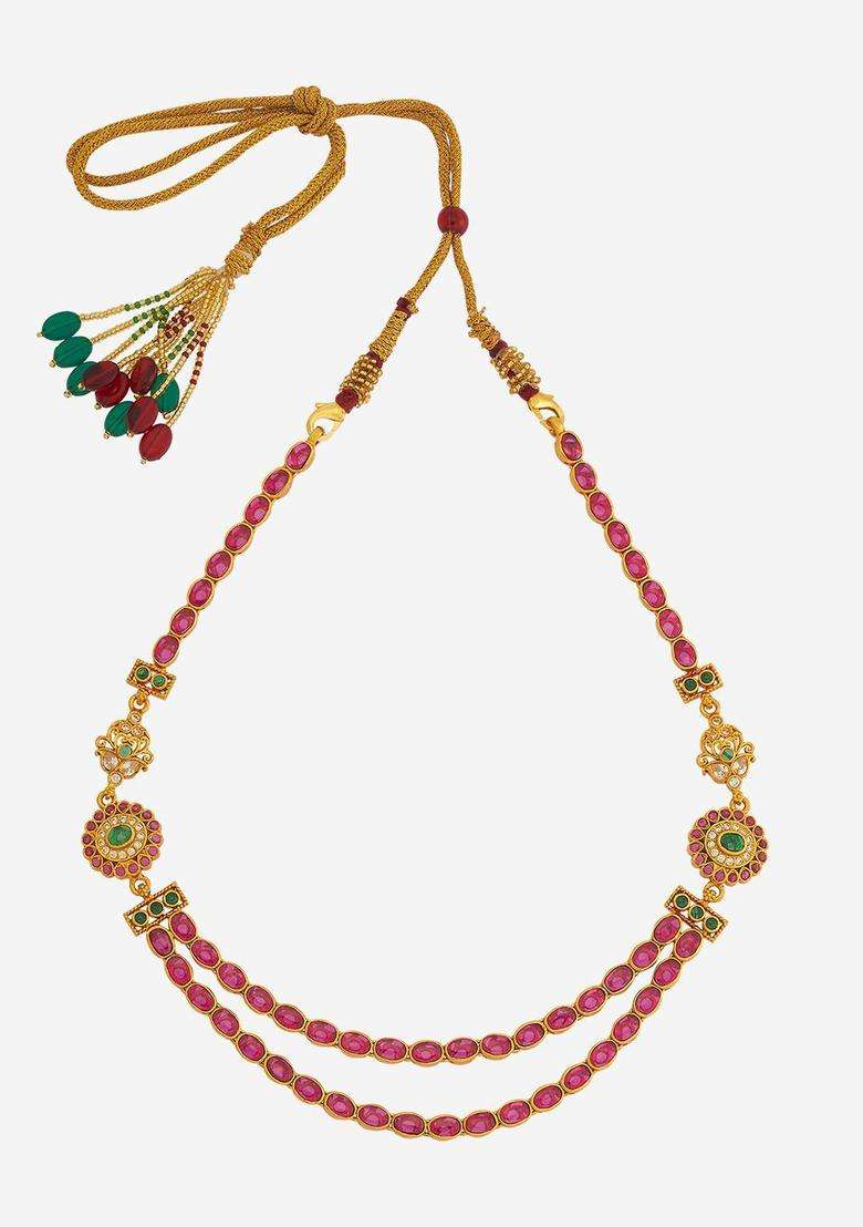 92.5 Pure Silver Gold-Plated Stone Studded Temple Necklace for Women | Traditional Temple Jewellery for Wedding & Festive Wear | Gift for Her - Indya