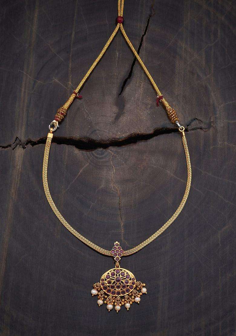 Gold-Plated Embellished Bridal 92.5 Silver Ruby Temple Minimal Necklace for Women | Traditional Temple Jewellery for Wedding & Festive Wear | Gift for Her - Indya