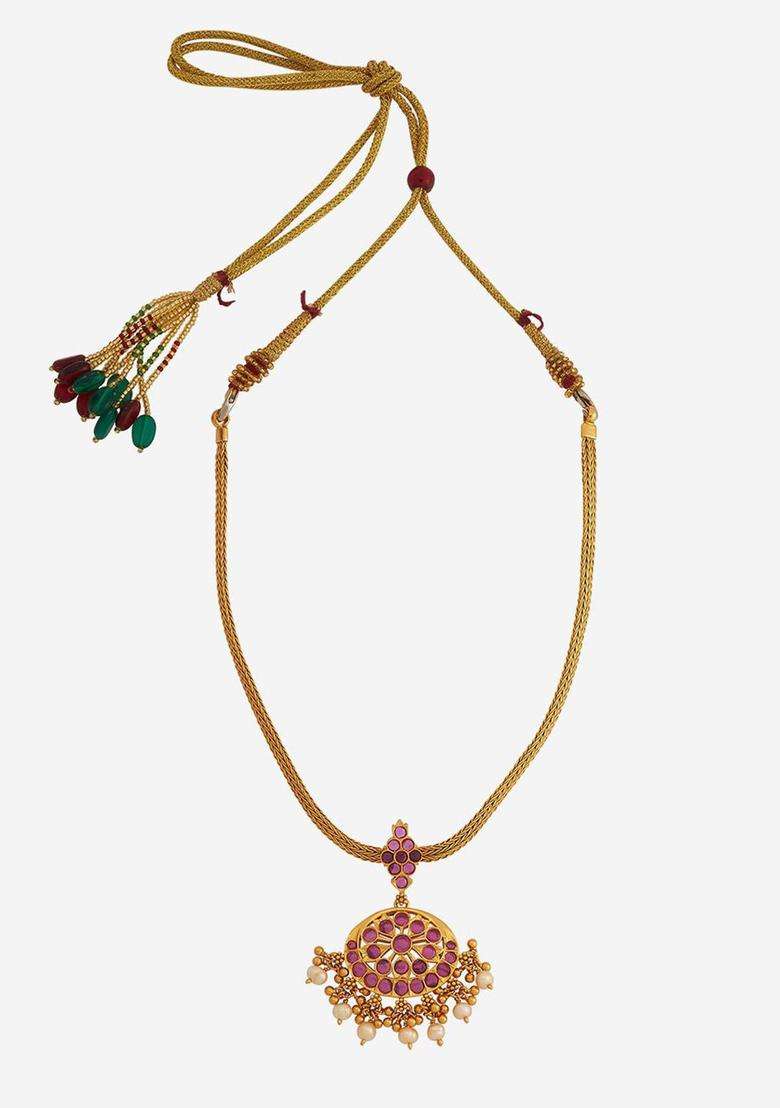 Gold-Plated Embellished Bridal 92.5 Silver Ruby Temple Minimal Necklace for Women | Traditional Temple Jewellery for Wedding & Festive Wear | Gift for Her - Indya