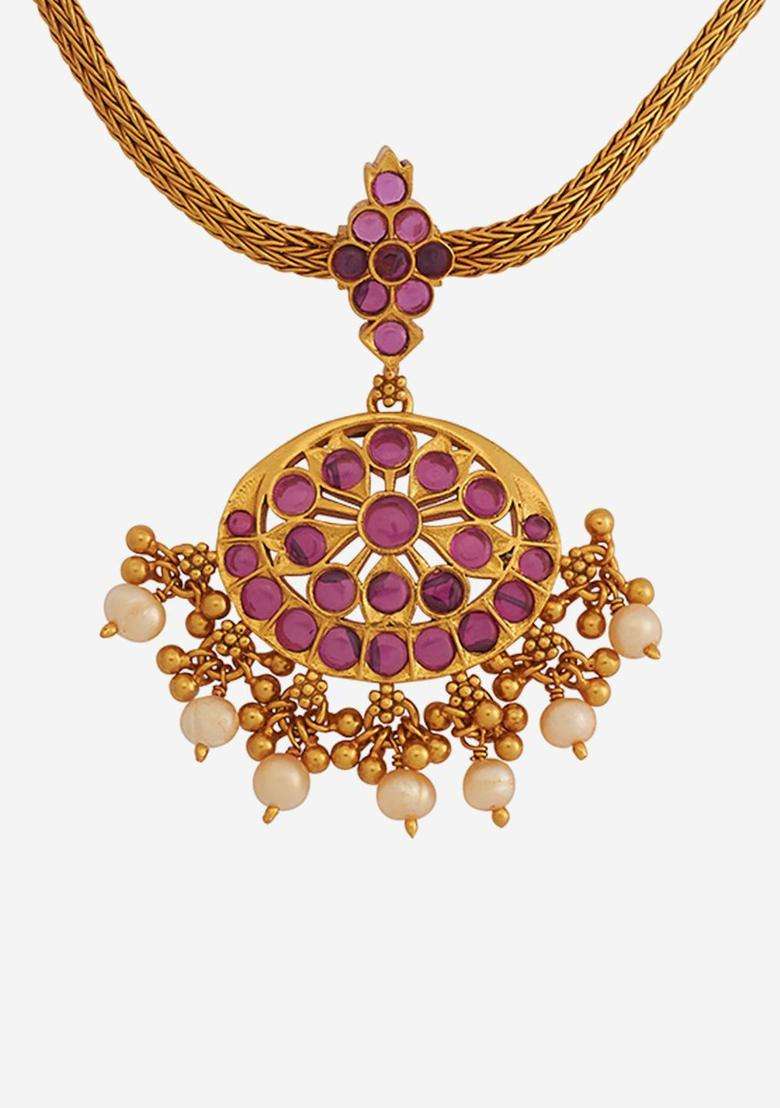 Gold-Plated Embellished Bridal 92.5 Silver Ruby Temple Minimal Necklace for Women | Traditional Temple Jewellery for Wedding & Festive Wear | Gift for Her - Indya