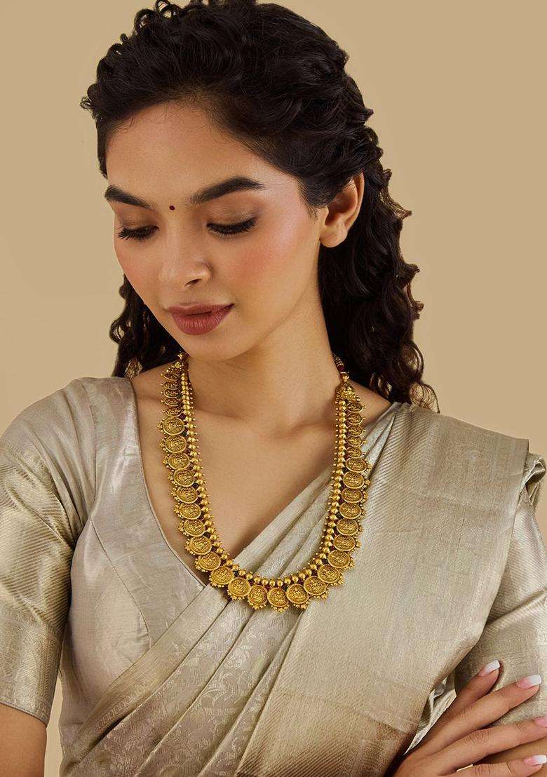 92.5 Pure Silver Gold-Plated Studded Lakshmi Goddess Necklace for Women | Traditional Temple Jewellery for Wedding & Festive Wear | Gift for Her - Indya