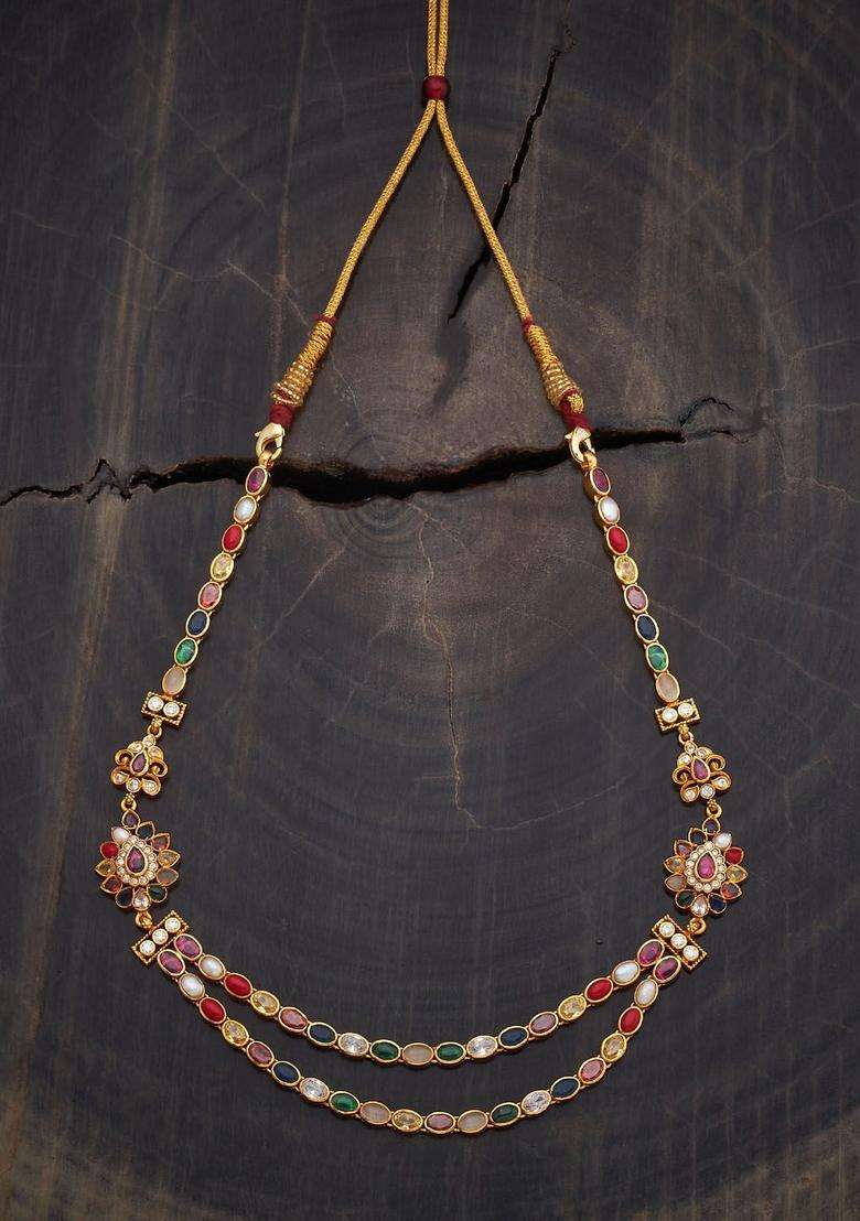 92.5 Pure Silver Gold-Plated Navaratna Studded Temple Necklace for Women | Traditional Temple Jewellery for Wedding & Festive Wear | Gift for Her - Indya