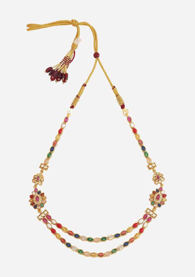 92.5 Pure Silver Gold-Plated Navaratna Studded Temple Necklace for Women | Traditional Temple Jewellery for Wedding & Festive Wear | Gift for Her - Indya