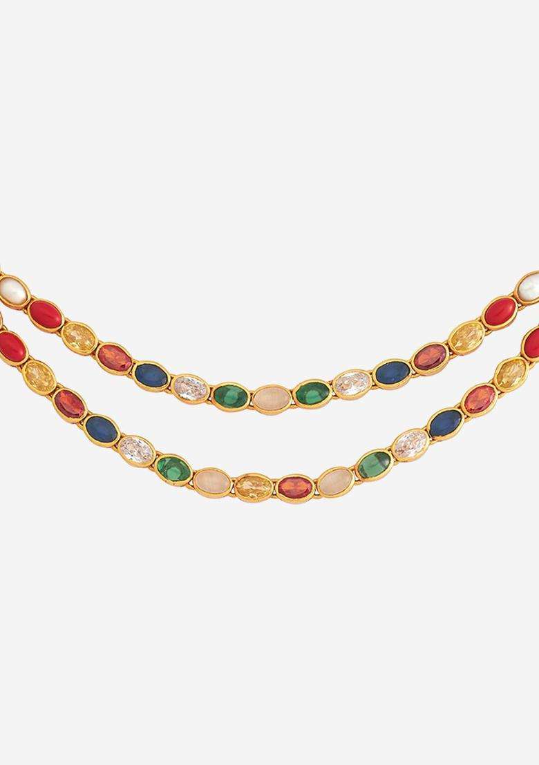 92.5 Pure Silver Gold-Plated Navaratna Studded Temple Necklace for Women | Traditional Temple Jewellery for Wedding & Festive Wear | Gift for Her - Indya
