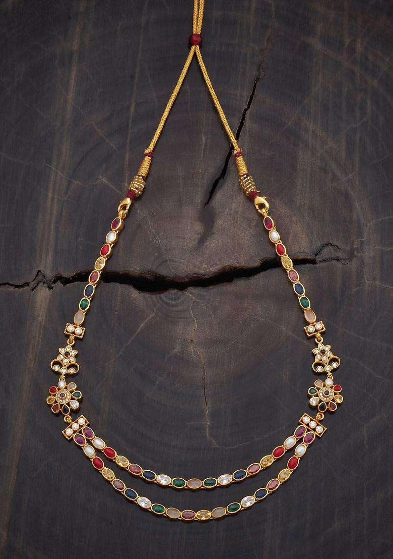 92.5 Pure Silver Gold-Plated Navaratna Stone Studded Necklace for Women | Traditional Temple Jewellery for Wedding & Festive Wear | Gift for Her - Indya