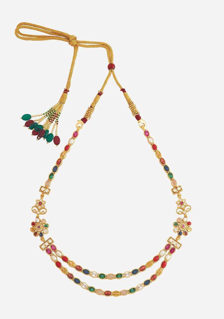 92.5 Pure Silver Gold-Plated Navaratna Stone Studded Necklace for Women | Traditional Temple Jewellery for Wedding & Festive Wear | Gift for Her - Indya
