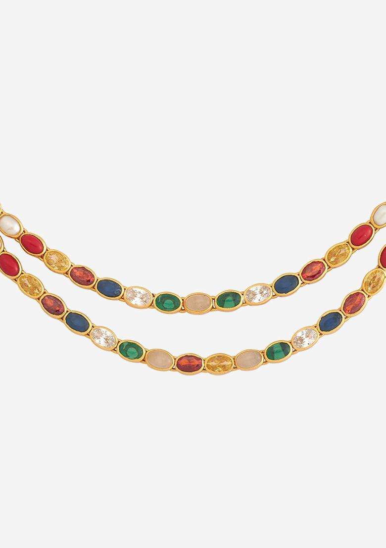 92.5 Pure Silver Gold-Plated Navaratna Stone Studded Necklace for Women | Traditional Temple Jewellery for Wedding & Festive Wear | Gift for Her - Indya