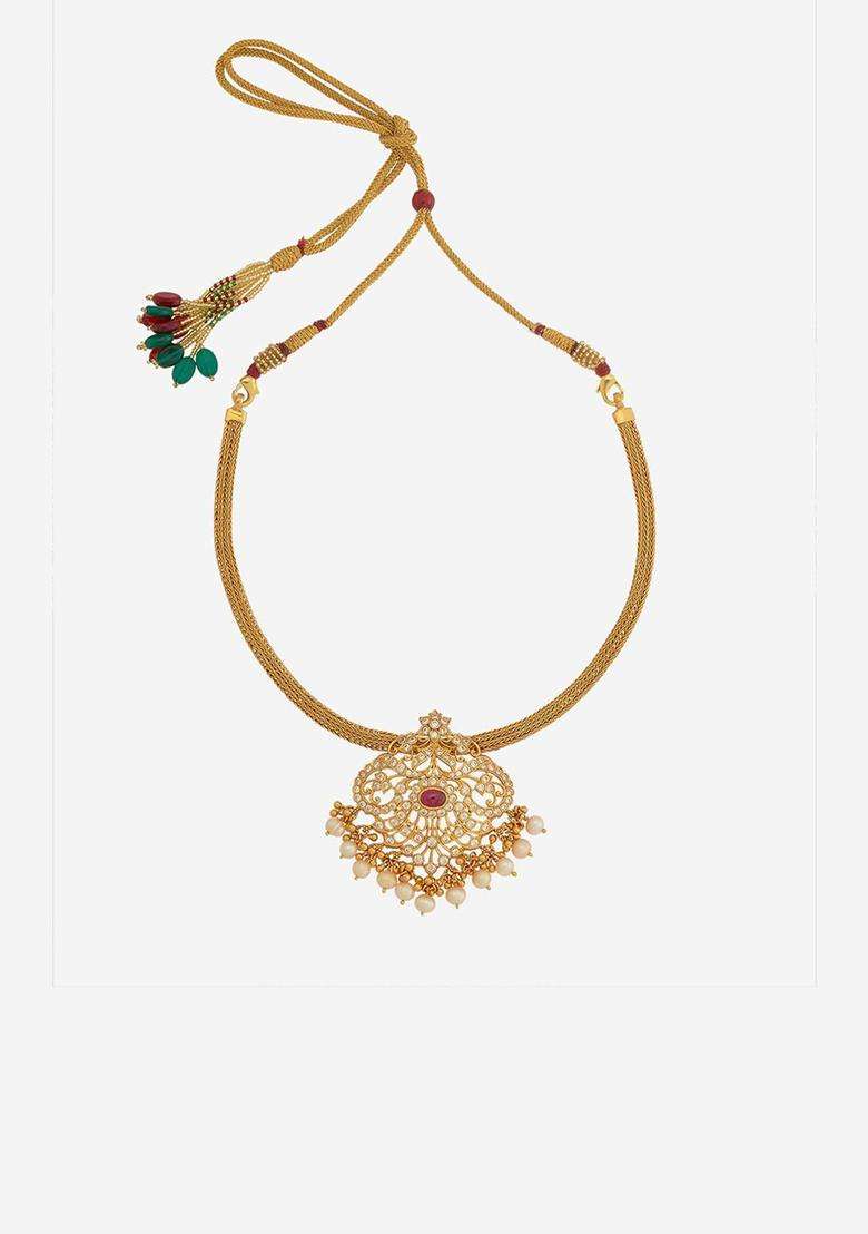 Embellished Bridal 92.5 Silver Gold-Plated CZ Temple Necklace for Women | Traditional Temple Jewellery for Wedding & Festive Wear | Gift for Her - Indya