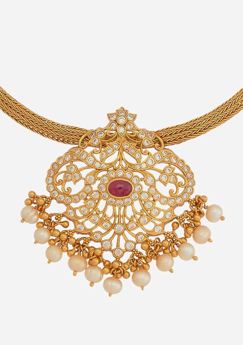 Embellished Bridal 92.5 Silver Gold-Plated CZ Temple Necklace for Women | Traditional Temple Jewellery for Wedding & Festive Wear | Gift for Her - Indya