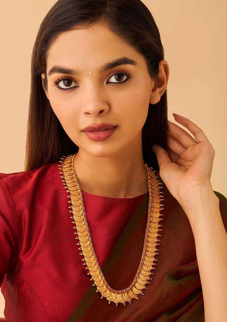 92.5 Pure Silver Gold-Plated Stone Studded Temple Necklace for Women | Traditional Temple Jewellery for Wedding & Festive Wear | Gift for Her - Indya