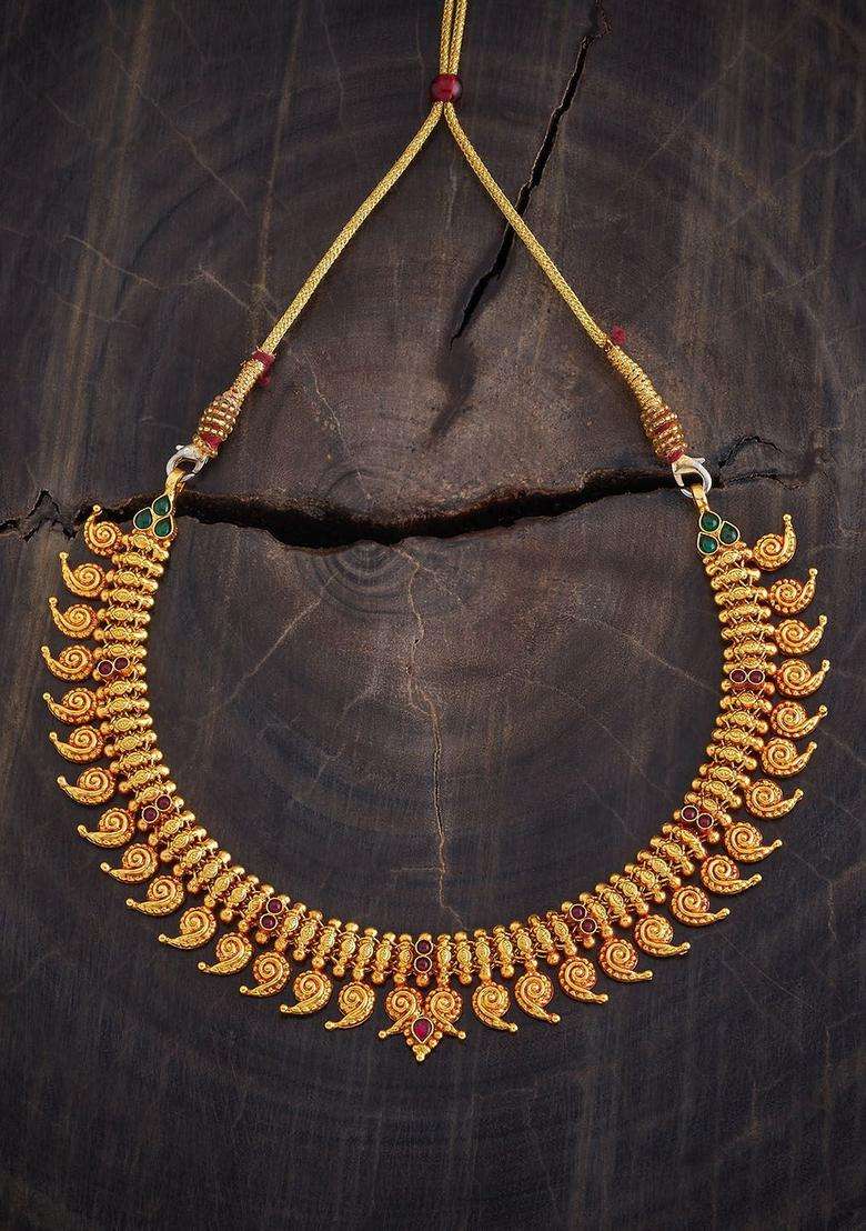92.5 Pure Silver Gold-Plated Stone Studded Temple Necklace for Women | Traditional Temple Jewellery for Wedding & Festive Wear | Gift for Her - Indya