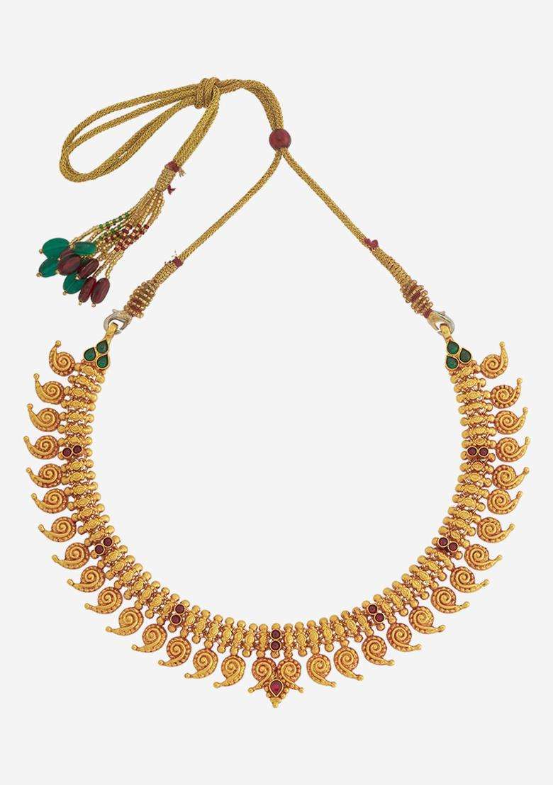 92.5 Pure Silver Gold-Plated Stone Studded Temple Necklace for Women | Traditional Temple Jewellery for Wedding & Festive Wear | Gift for Her - Indya