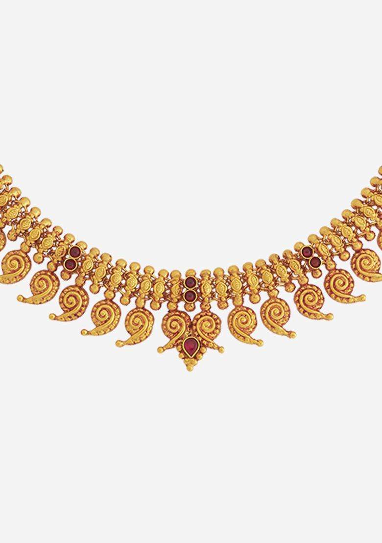 92.5 Pure Silver Gold-Plated Stone Studded Temple Necklace for Women | Traditional Temple Jewellery for Wedding & Festive Wear | Gift for Her - Indya