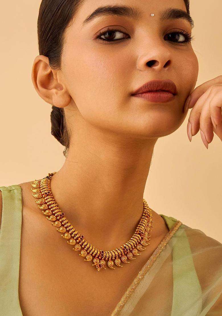 92.5 Pure Silver Gold-Plated Stone Studded Temple Necklace for Women | Traditional Temple Jewellery for Wedding & Festive Wear | Gift for Her - Indya