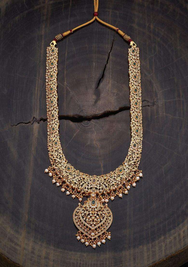 92.5 Pure Silver Gold-Plated CZ Studded Temple Necklace for Women | Traditional Temple Jewellery for Wedding & Festive Wear | Gift for Her - Indya