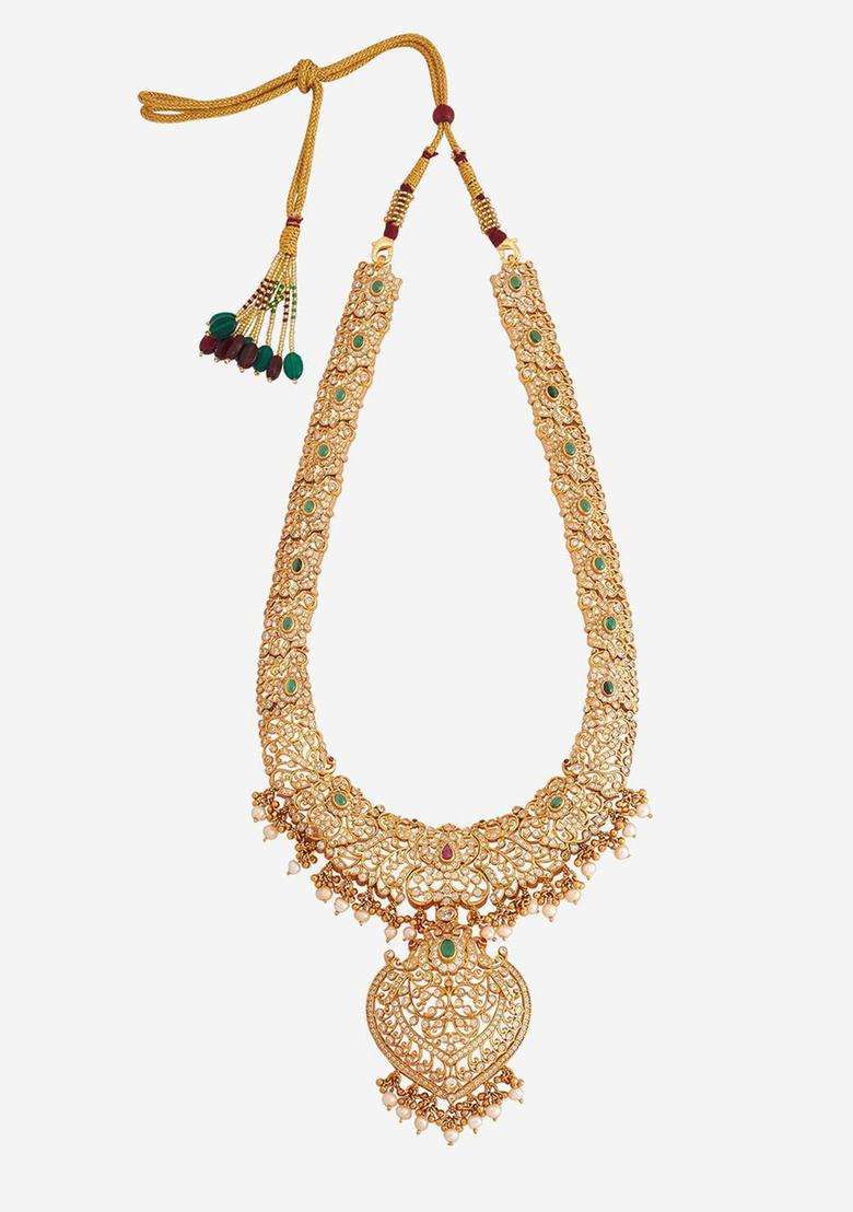 92.5 Pure Silver Gold-Plated CZ Studded Temple Necklace for Women | Traditional Temple Jewellery for Wedding & Festive Wear | Gift for Her - Indya