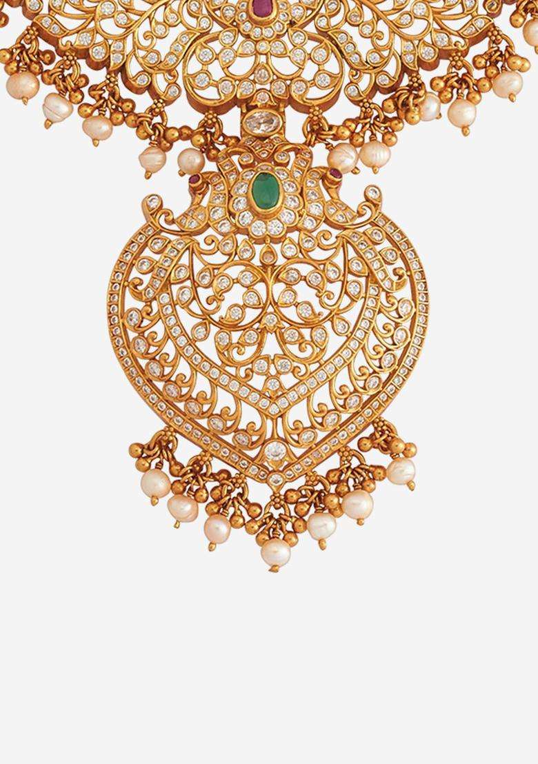 92.5 Pure Silver Gold-Plated CZ Studded Temple Necklace for Women | Traditional Temple Jewellery for Wedding & Festive Wear | Gift for Her - Indya
