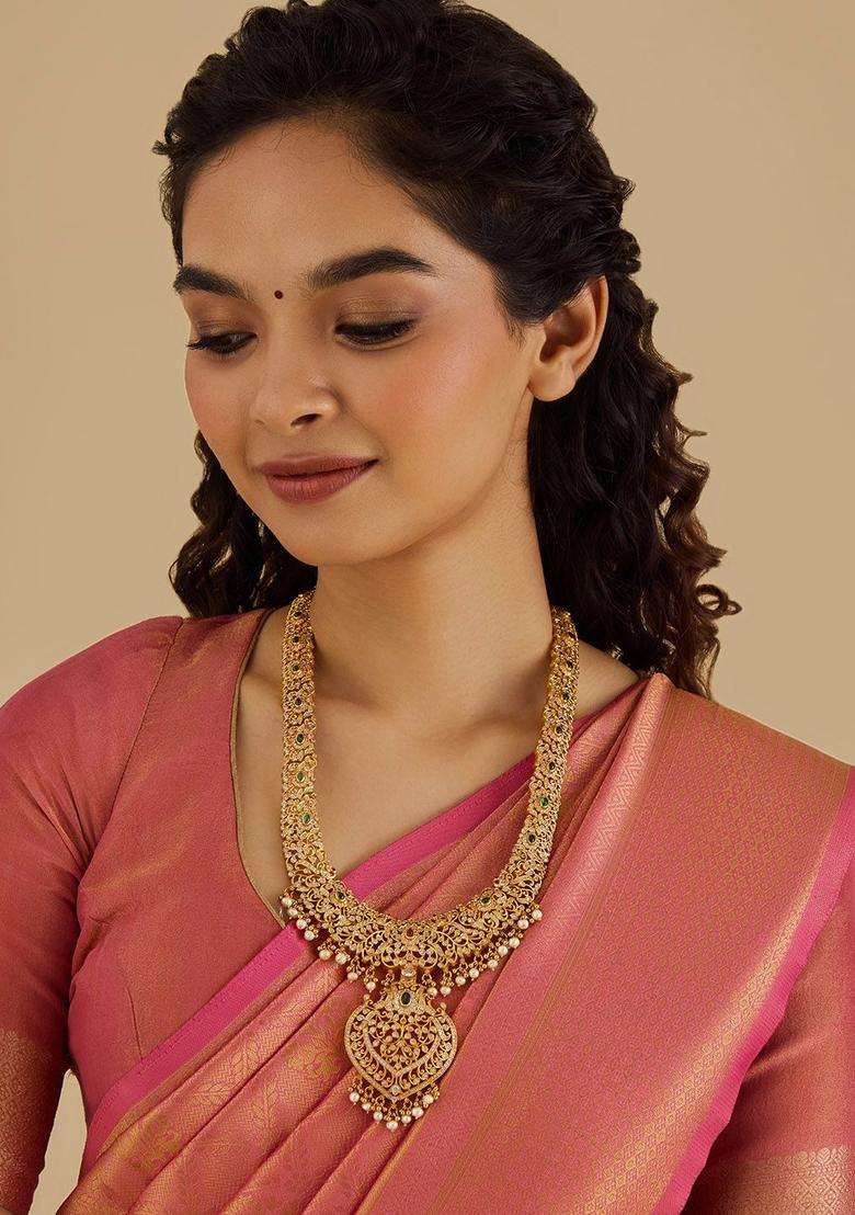 92.5 Pure Silver Gold-Plated CZ Studded Temple Necklace for Women | Traditional Temple Jewellery for Wedding & Festive Wear | Gift for Her - Indya