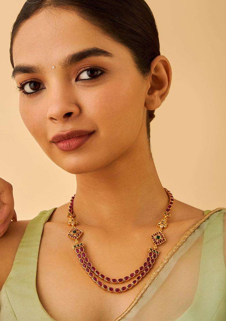 Gold-Plated Embellished Bridal 92.5 Silver Temple Minimal Necklace for Women | Traditional Temple Jewellery for Wedding & Festive Wear | Gift for Her - Indya