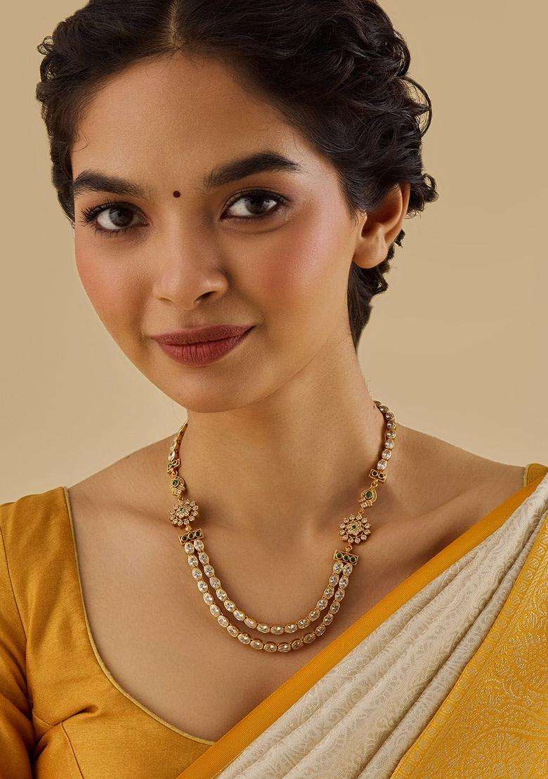 92.5 Pure Silver Gold-Plated Stone Studded Temple Necklace for Women | Traditional Temple Jewellery for Wedding & Festive Wear | Gift for Her - Indya
