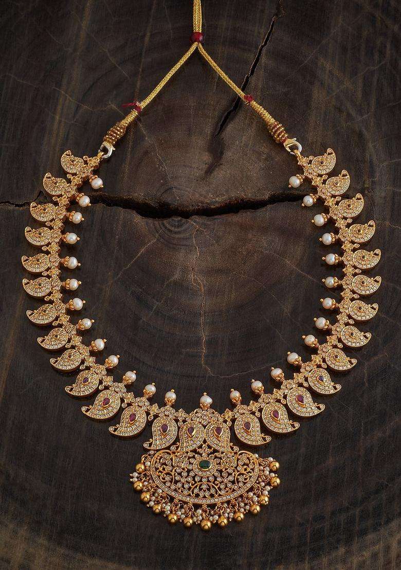 Embellished Bridal 92.5 Silver Gold-Plated Zircon Necklace with CZ Stone for Women | Traditional Temple Jewellery for Wedding & Festive Wear | Gift for Her - Indya
