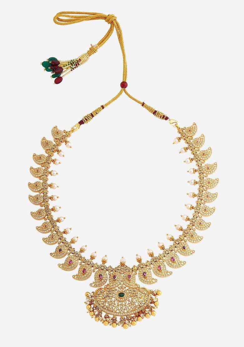 Embellished Bridal 92.5 Silver Gold-Plated Zircon Necklace with CZ Stone for Women | Traditional Temple Jewellery for Wedding & Festive Wear | Gift for Her - Indya