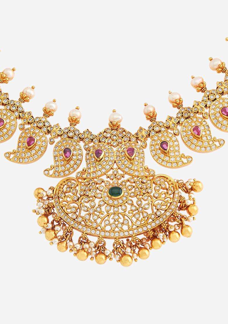 Embellished Bridal 92.5 Silver Gold-Plated Zircon Necklace with CZ Stone for Women | Traditional Temple Jewellery for Wedding & Festive Wear | Gift for Her - Indya