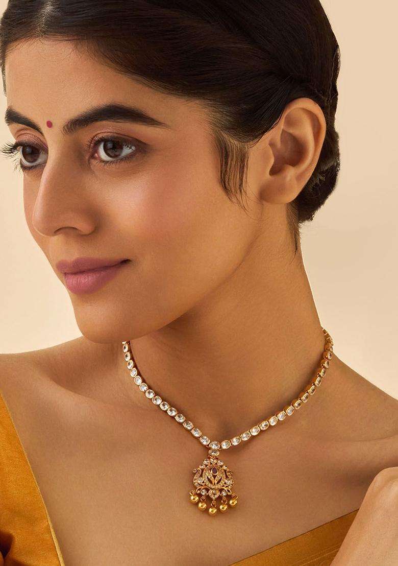 Embellished Bridal 92.5 Silver Gold-Plated Temple Necklace for Women | Traditional Temple Jewellery for Wedding & Festive Wear | Gift for Her - Indya