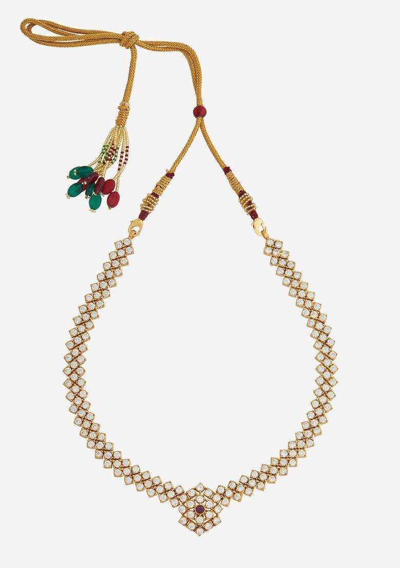 Gold-Plated Embellished Bridal 92.5 Silver Zircon Temple Necklace with CZ Stone for Women | Stylish Party & Everyday Wear | Gift for Her - Indya