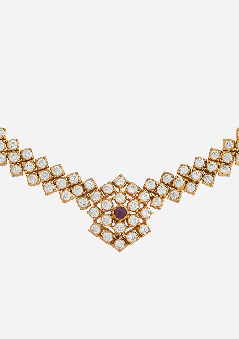 Gold-Plated Embellished Bridal 92.5 Silver Zircon Temple Necklace with CZ Stone for Women | Stylish Party & Everyday Wear | Gift for Her - Indya