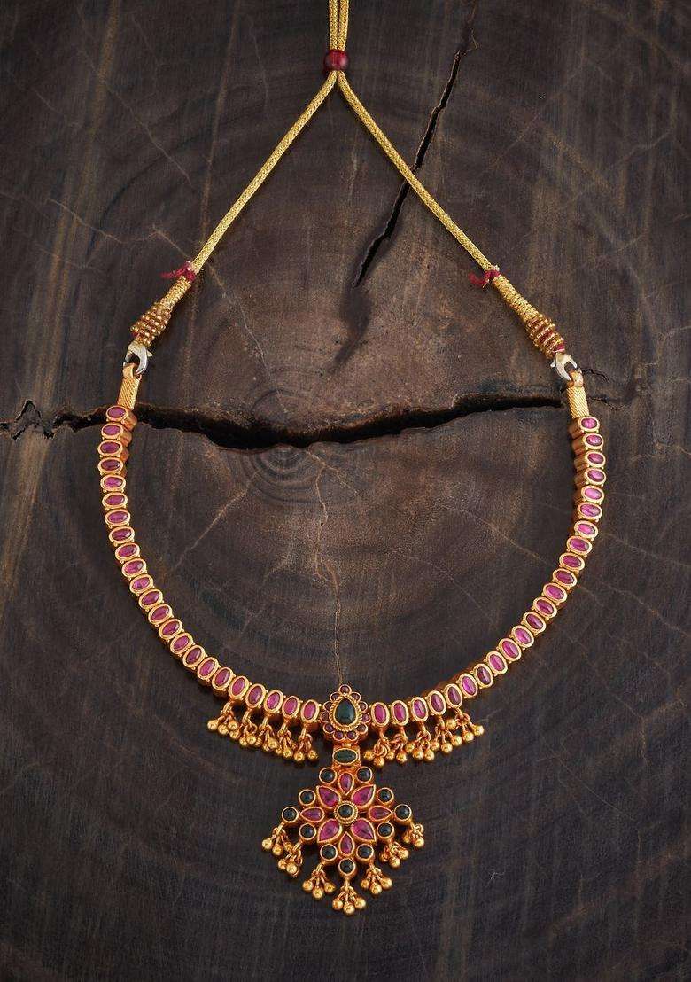 Embellished Bridal Silver Gold-Plated Stone Temple Necklace for Women | Traditional Temple Jewellery for Wedding & Festive Wear | Gift for Her - Indya