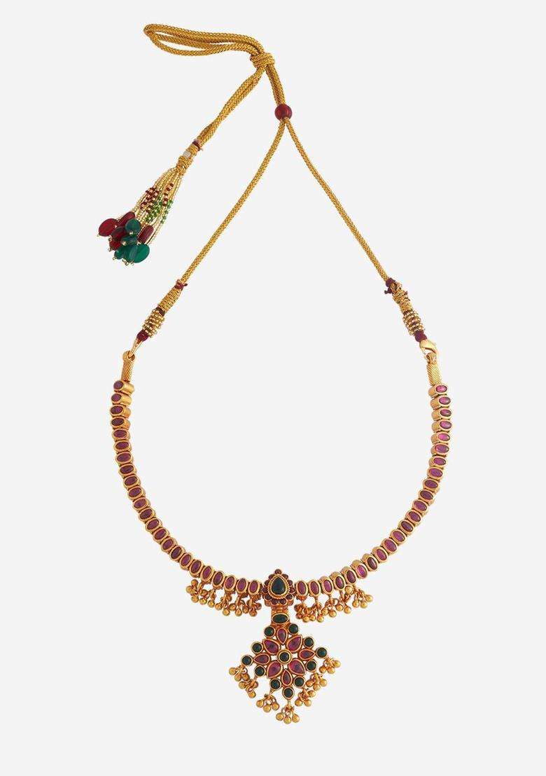 Embellished Bridal Silver Gold-Plated Stone Temple Necklace for Women | Traditional Temple Jewellery for Wedding & Festive Wear | Gift for Her - Indya