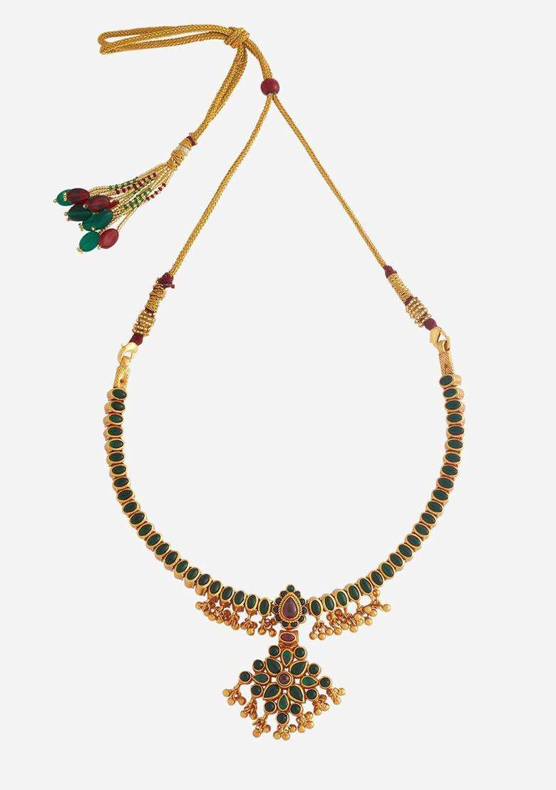 Embellished Bridal Silver Gold-Plated Stone Temple Necklace for Women | Traditional Temple Jewellery for Wedding & Festive Wear | Gift for Her - Indya