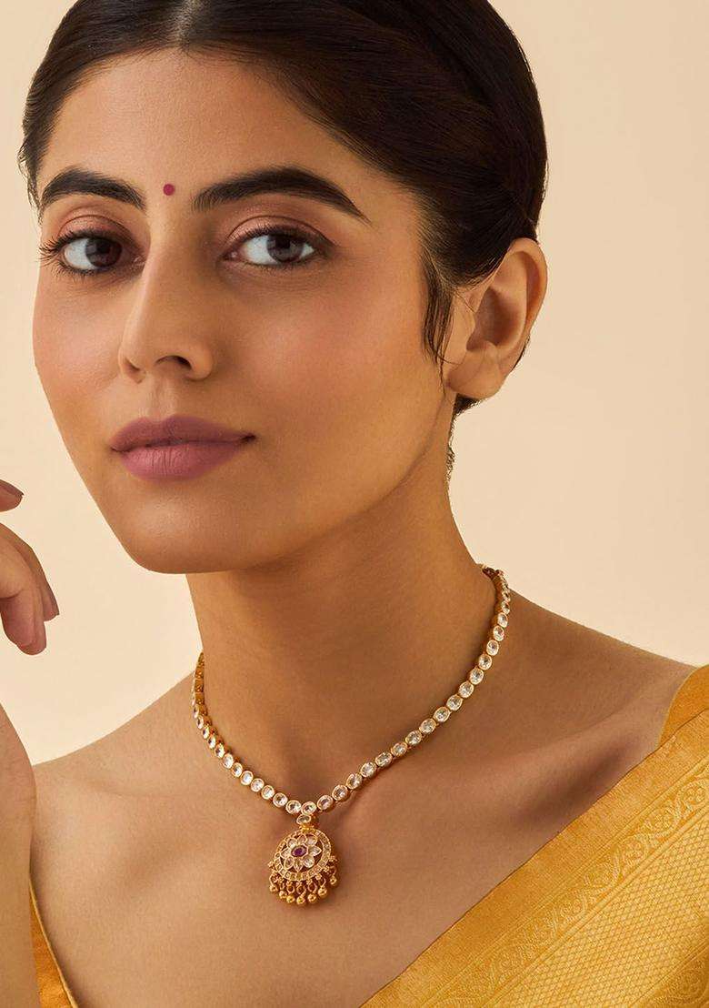 Embellished Bridal 92.5 Silver Gold-Plated Temple Necklace for Women | Traditional Temple Jewellery for Wedding & Festive Wear | Gift for Her - Indya