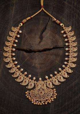 Gold-Plated Embellished Bridal 92.5 Silver Zircon Temple Necklace with CZ Stone for Women | Traditional Temple Jewellery for Wedding & Festive Wear | Gift for Her
