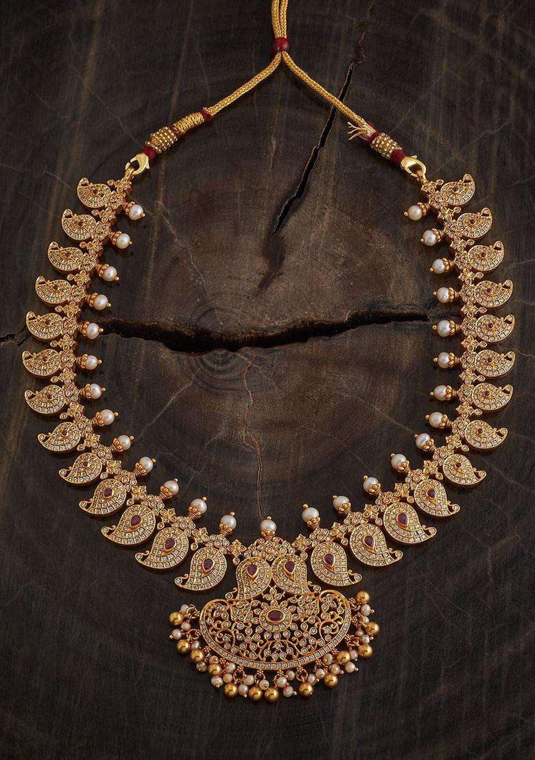Gold-Plated Embellished Bridal 92.5 Silver Zircon Temple Necklace with CZ Stone for Women | Traditional Temple Jewellery for Wedding & Festive Wear | Gift for Her - Indya
