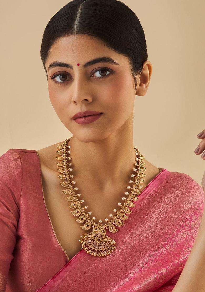 Gold-Plated Embellished Bridal 92.5 Silver Zircon Temple Necklace with CZ Stone for Women | Traditional Temple Jewellery for Wedding & Festive Wear | Gift for Her - Indya