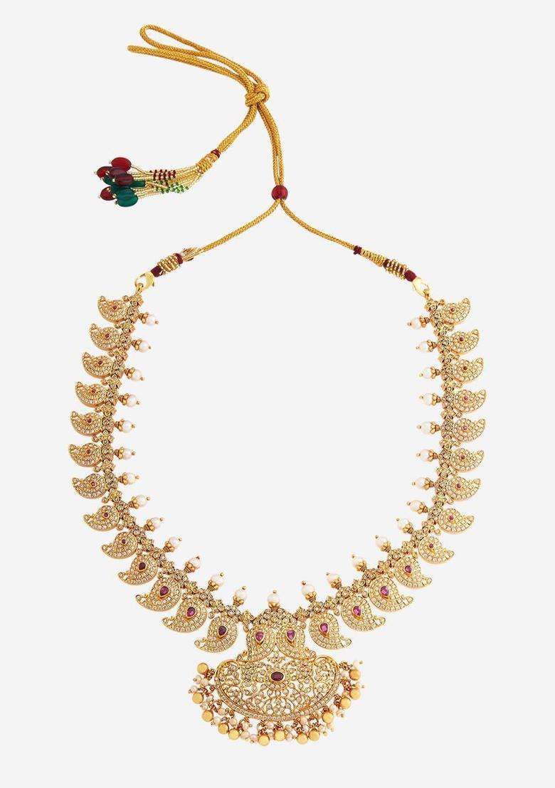 Gold-Plated Embellished Bridal 92.5 Silver Zircon Temple Necklace with CZ Stone for Women | Traditional Temple Jewellery for Wedding & Festive Wear | Gift for Her - Indya