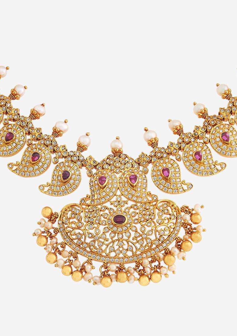 Gold-Plated Embellished Bridal 92.5 Silver Zircon Temple Necklace with CZ Stone for Women | Traditional Temple Jewellery for Wedding & Festive Wear | Gift for Her - Indya