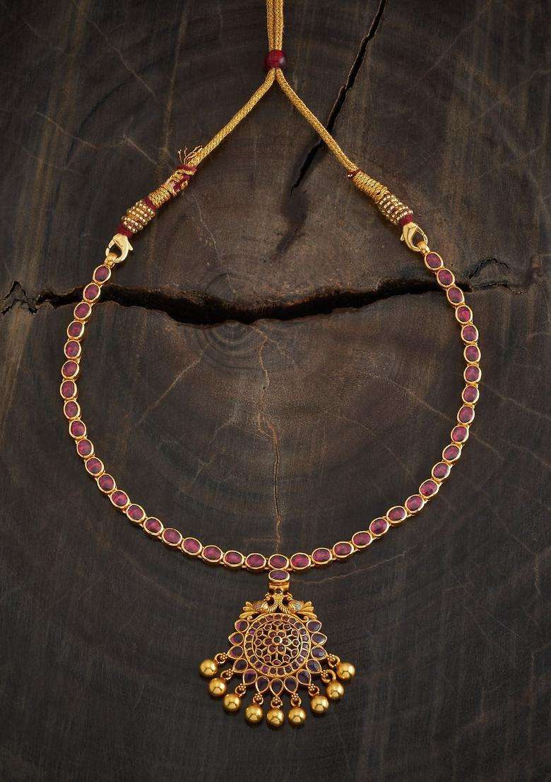 92.5 Pure Silver Gold-Plated Stone Studded Temple Necklace for Women | Traditional Temple Jewellery for Wedding & Festive Wear | Gift for Her - Indya