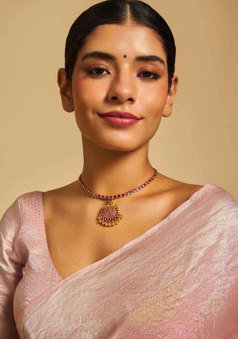 92.5 Pure Silver Gold-Plated Stone Studded Temple Necklace for Women | Traditional Temple Jewellery for Wedding & Festive Wear | Gift for Her - Indya