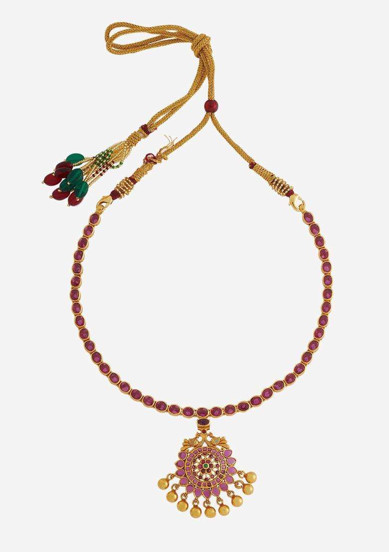 92.5 Pure Silver Gold-Plated Stone Studded Temple Necklace for Women | Traditional Temple Jewellery for Wedding & Festive Wear | Gift for Her - Indya