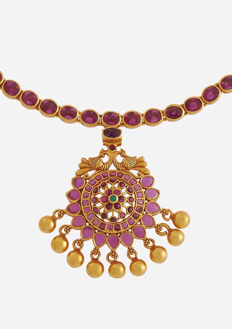 92.5 Pure Silver Gold-Plated Stone Studded Temple Necklace for Women | Traditional Temple Jewellery for Wedding & Festive Wear | Gift for Her - Indya