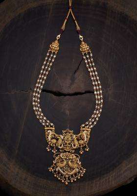 92.5 Pure Silver Gold-Plated Stone Studded & Beaded Necklace for Women | Traditional Temple Jewellery for Wedding & Festive Wear | Gift for Her