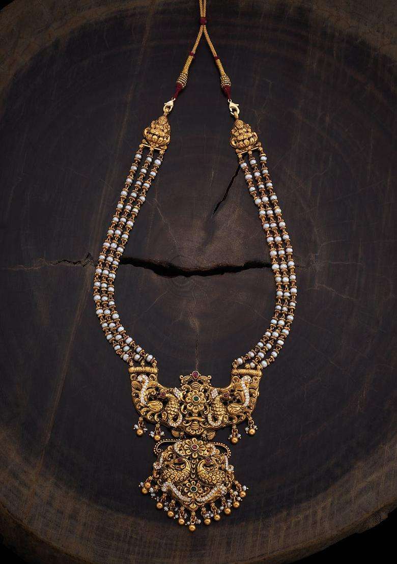 92.5 Pure Silver Gold-Plated Stone Studded & Beaded Necklace for Women | Traditional Temple Jewellery for Wedding & Festive Wear | Gift for Her - Indya