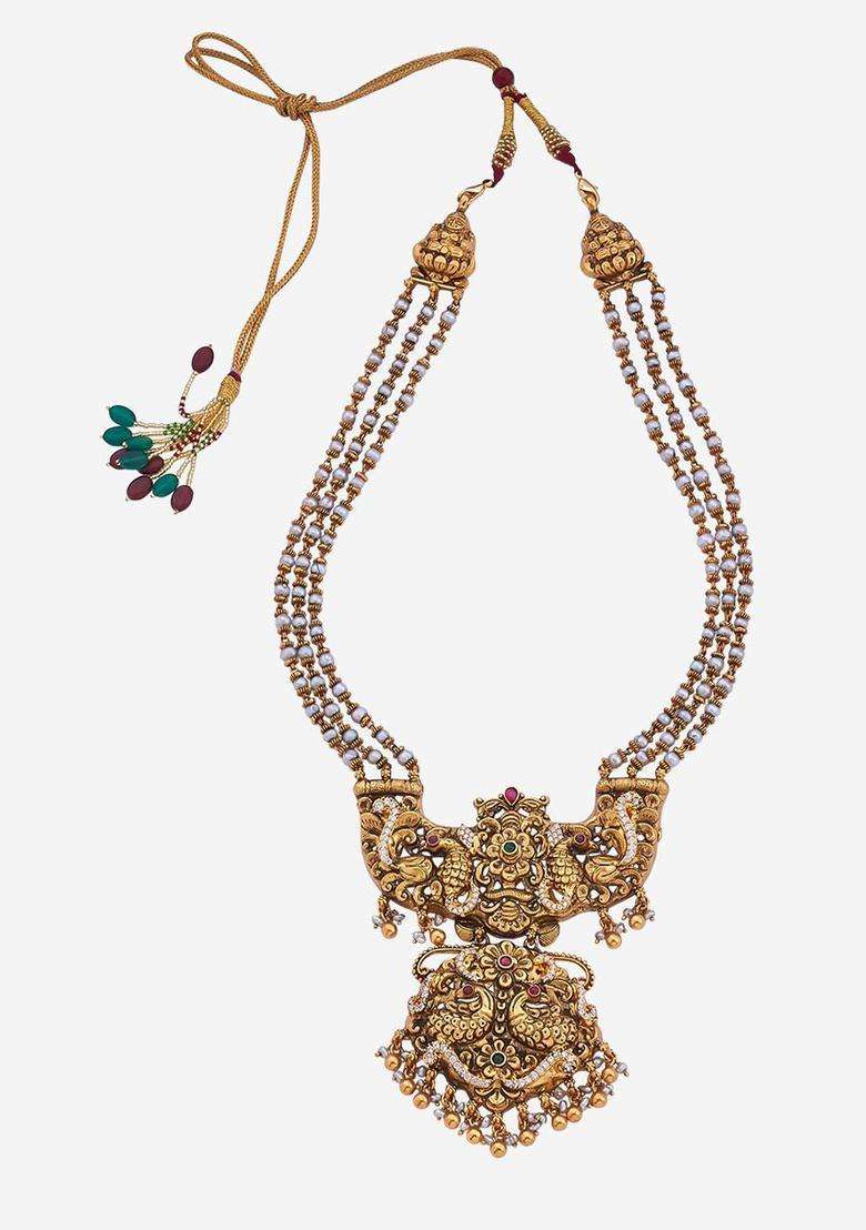 92.5 Pure Silver Gold-Plated Stone Studded & Beaded Necklace for Women | Traditional Temple Jewellery for Wedding & Festive Wear | Gift for Her - Indya