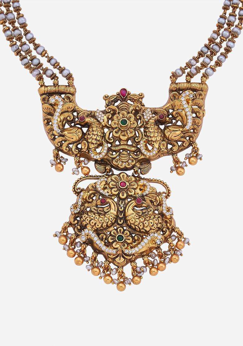 92.5 Pure Silver Gold-Plated Stone Studded & Beaded Necklace for Women | Traditional Temple Jewellery for Wedding & Festive Wear | Gift for Her - Indya