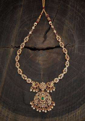 Gold-Plated Embellished Bridal 92.5 Silver Zircon Temple Necklace with CZ Stone for Women | Traditional Temple Jewellery for Wedding & Festive Wear | Gift for Her